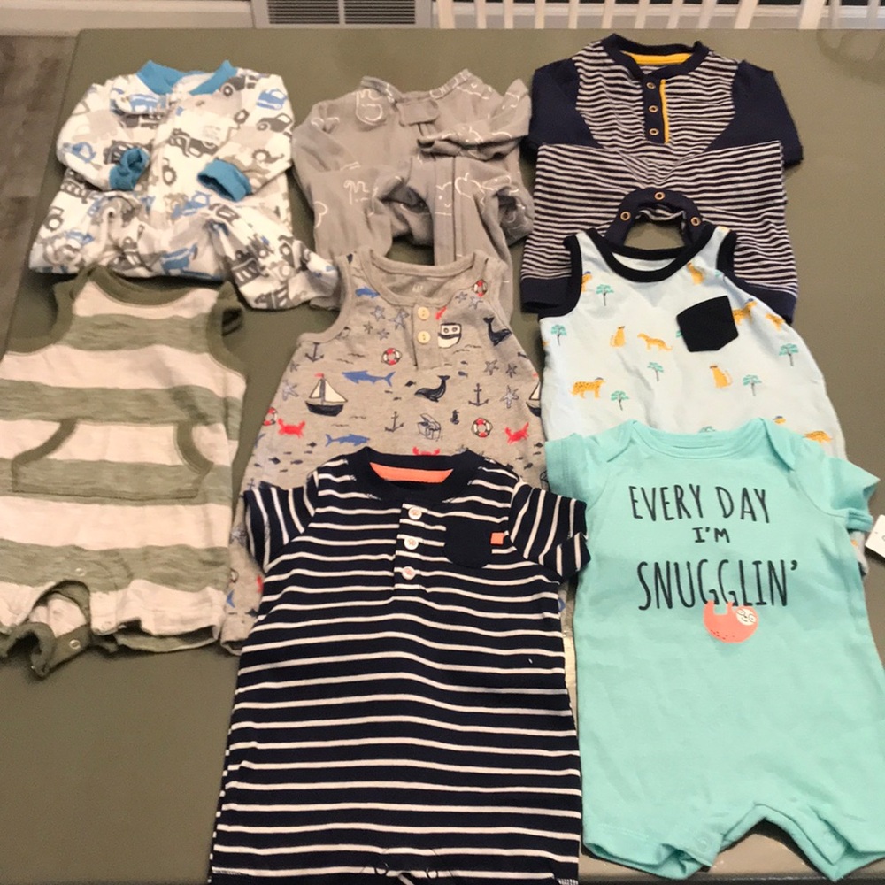 Boys- 0-3M, 3M, 3-6M rompers, footies